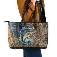 Personalized Walleye Splash Leather Tote Bag Camo Reeds and Night Forest Fishing Theme TS04