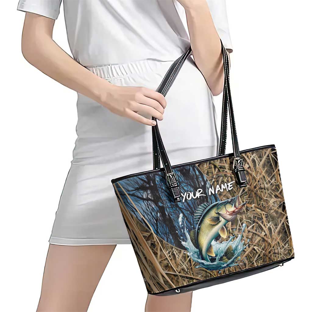 Personalized Walleye Splash Leather Tote Bag Camo Reeds and Night Forest Fishing Theme TS04