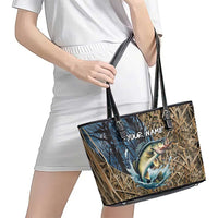 Personalized Walleye Splash Leather Tote Bag Camo Reeds and Night Forest Fishing Theme TS04