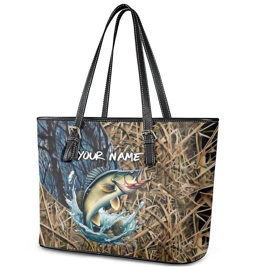 Personalized Walleye Splash Leather Tote Bag Camo Reeds and Night Forest Fishing Theme TS04