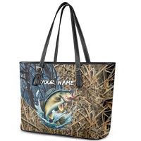Personalized Walleye Splash Leather Tote Bag Camo Reeds and Night Forest Fishing Theme TS04