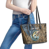 Personalized Walleye Splash Leather Tote Bag Camo Reeds and Night Forest Fishing Theme TS04