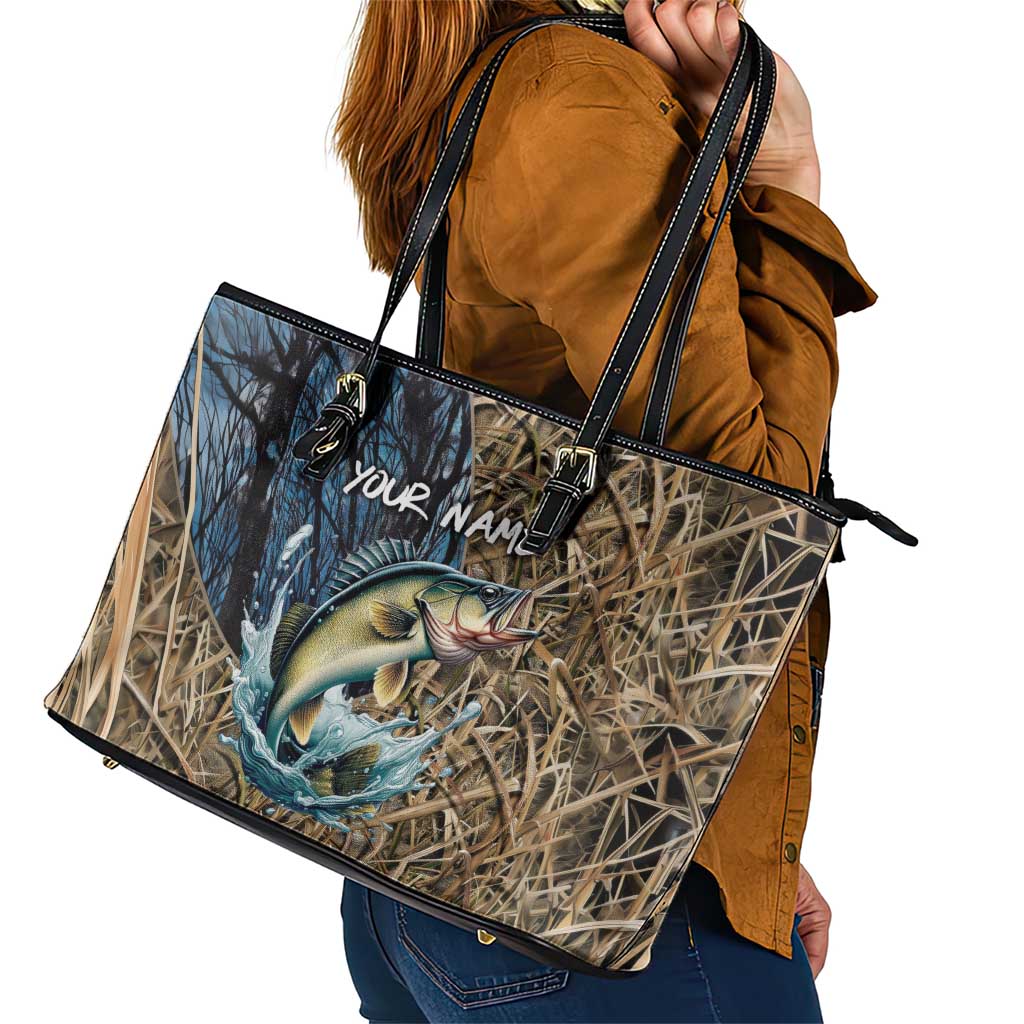 Personalized Walleye Splash Leather Tote Bag Camo Reeds and Night Forest Fishing Theme TS04