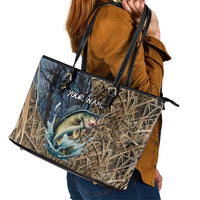 Personalized Walleye Splash Leather Tote Bag Camo Reeds and Night Forest Fishing Theme TS04