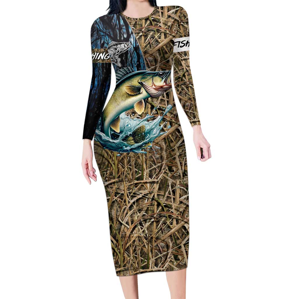 Personalized Walleye Splash Long Sleeve Bodycon Dress Camo Reeds and Night Forest Fishing Theme - Wonder Print Shop