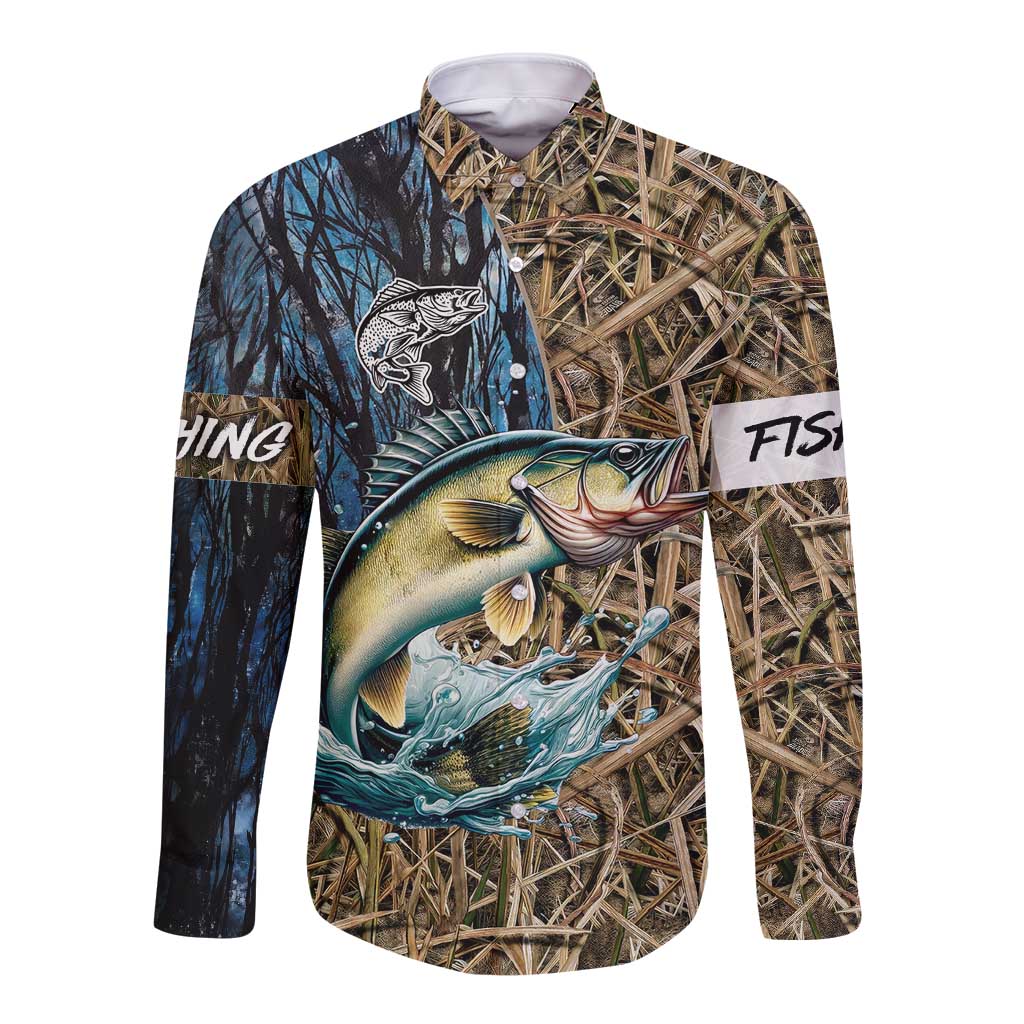 Personalized Walleye Splash Long Sleeve Button Shirt Camo Reeds and Night Forest Fishing Theme - Wonder Print Shop