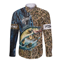 Personalized Walleye Splash Long Sleeve Button Shirt Camo Reeds and Night Forest Fishing Theme - Wonder Print Shop
