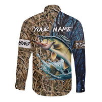 Personalized Walleye Splash Long Sleeve Button Shirt Camo Reeds and Night Forest Fishing Theme - Wonder Print Shop