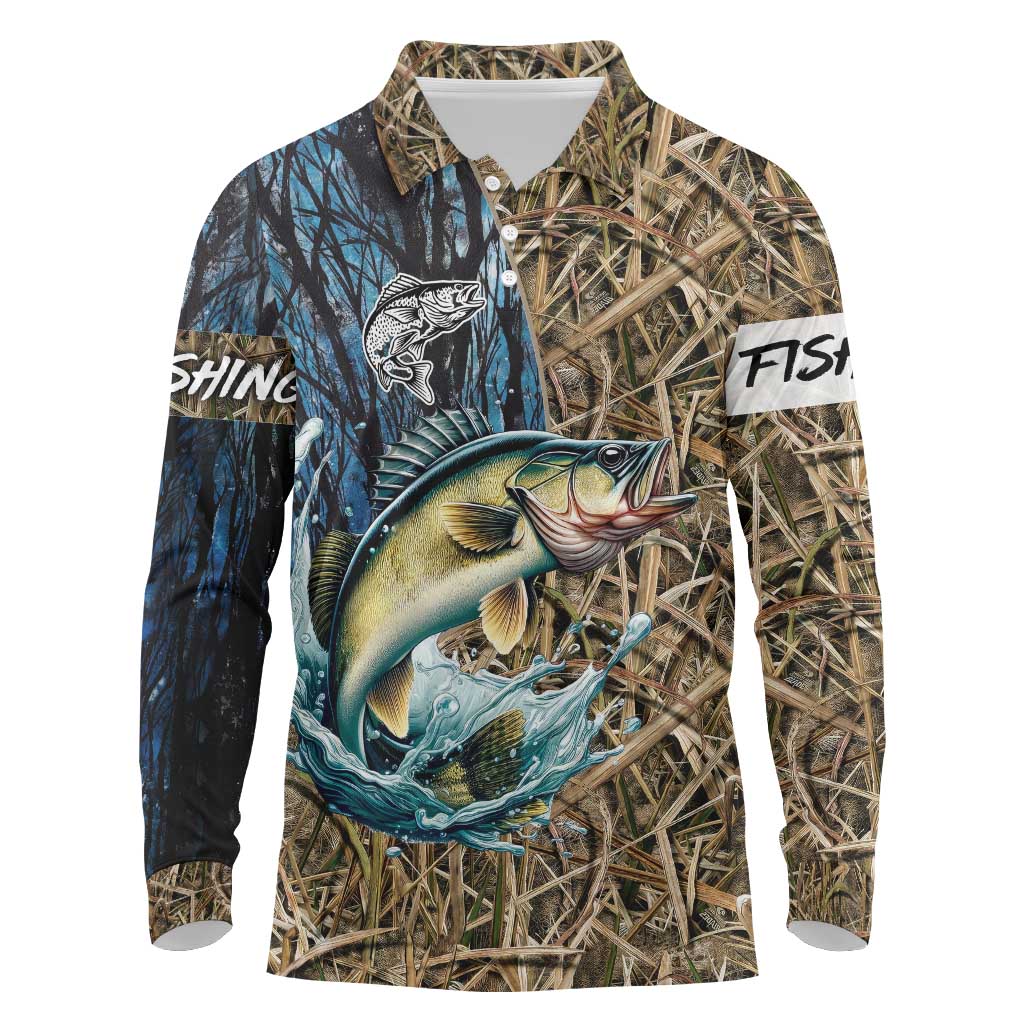 Personalized Walleye Splash Long Sleeve Polo Shirt Camo Reeds and Night Forest Fishing Theme - Wonder Print Shop
