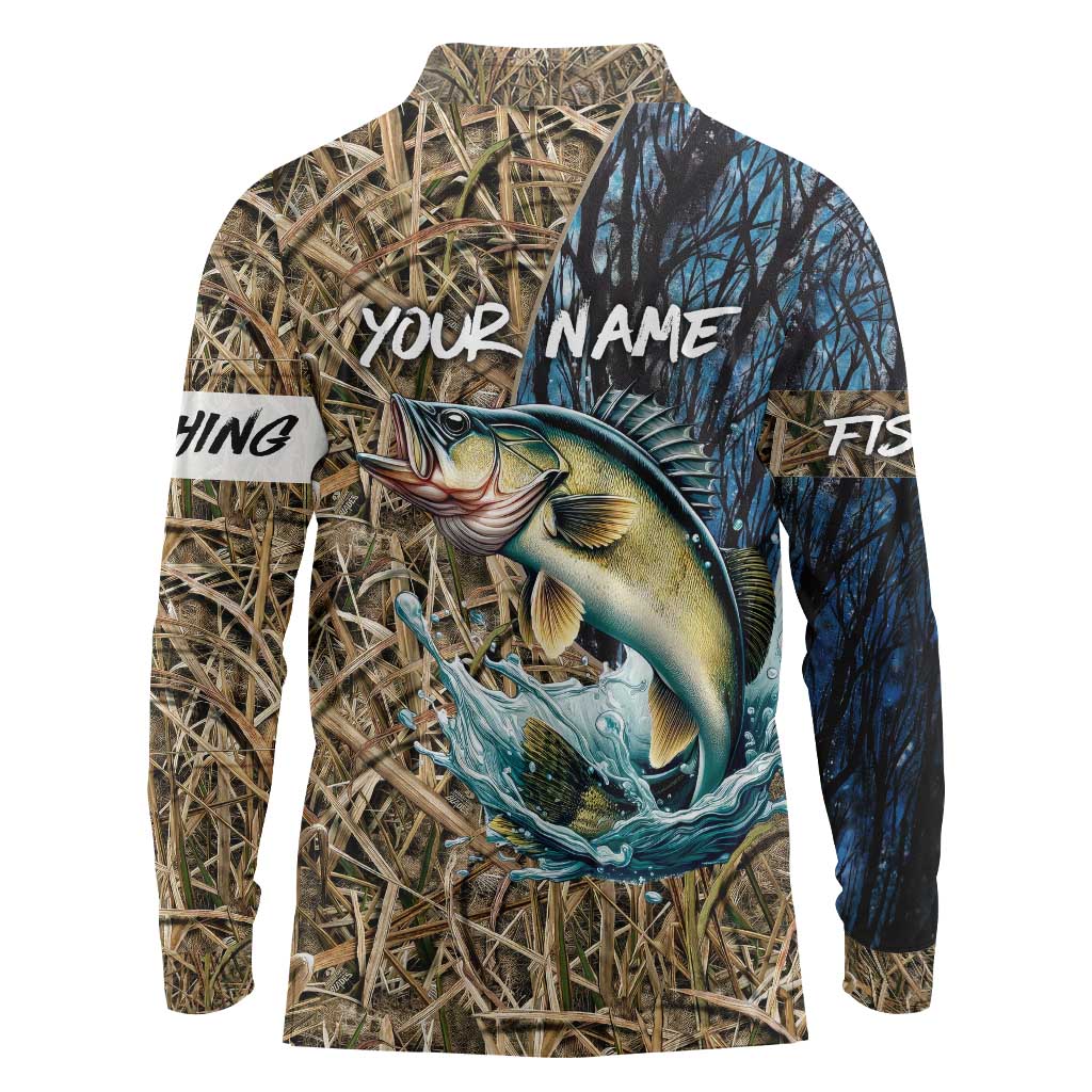Personalized Walleye Splash Long Sleeve Polo Shirt Camo Reeds and Night Forest Fishing Theme - Wonder Print Shop