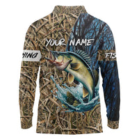 Personalized Walleye Splash Long Sleeve Polo Shirt Camo Reeds and Night Forest Fishing Theme - Wonder Print Shop