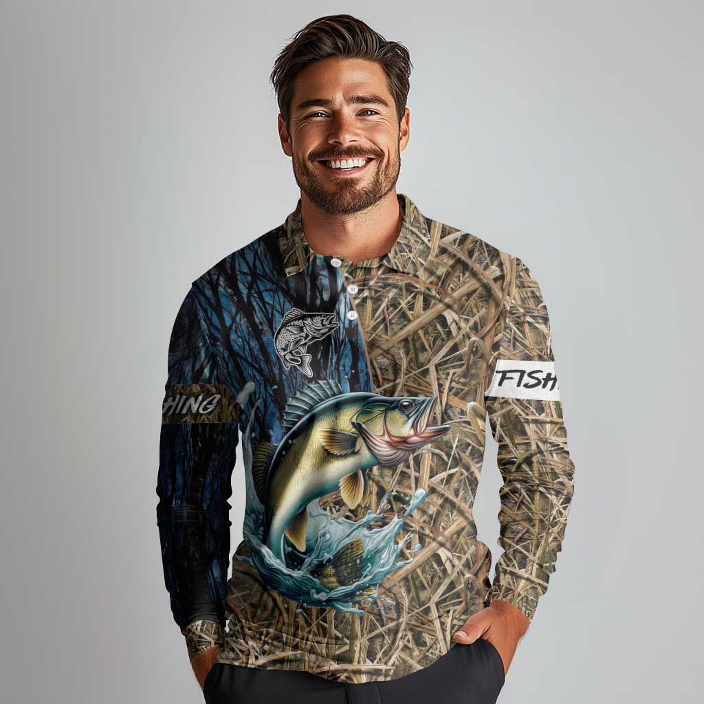 Personalized Walleye Splash Long Sleeve Polo Shirt Camo Reeds and Night Forest Fishing Theme - Wonder Print Shop