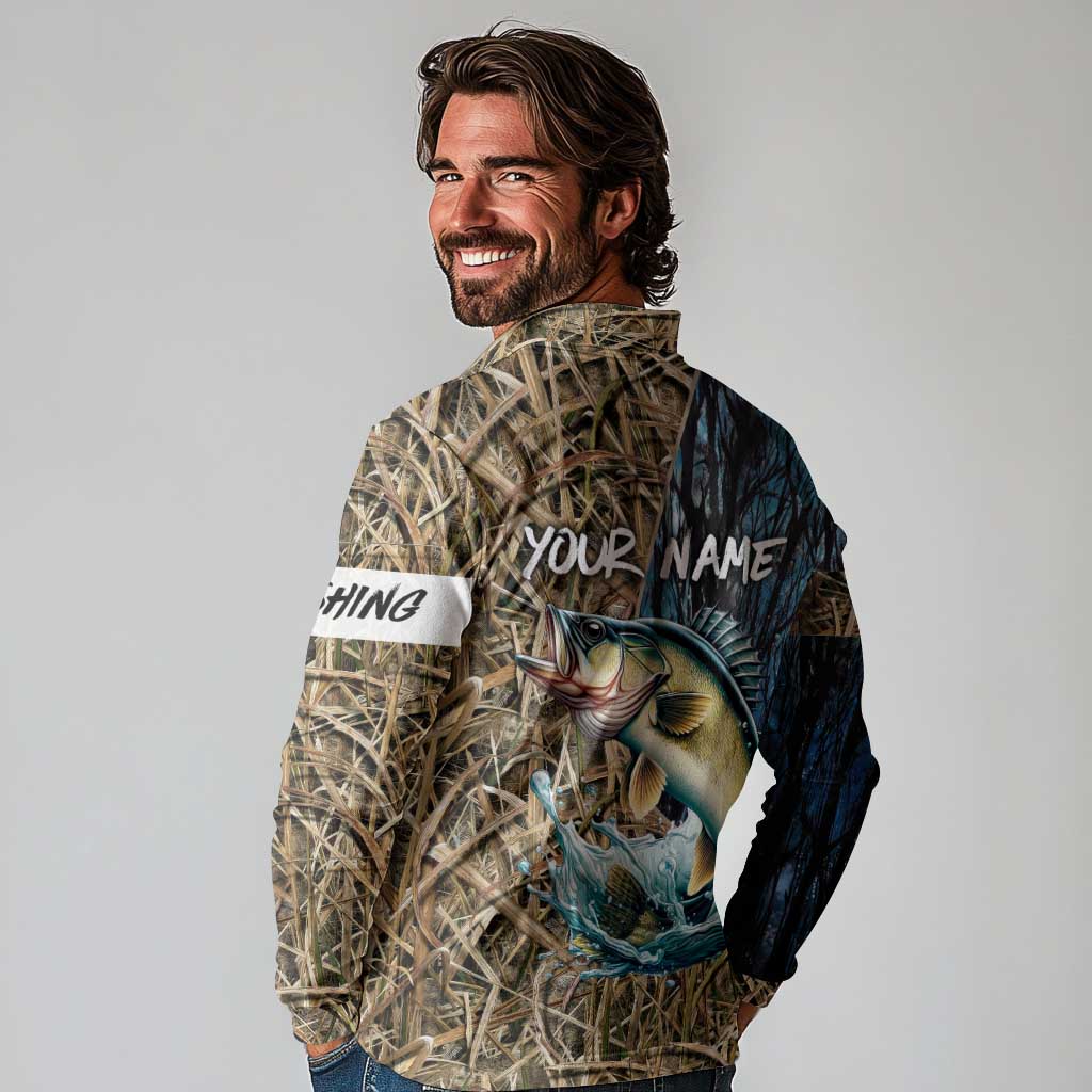 Personalized Walleye Splash Long Sleeve Polo Shirt Camo Reeds and Night Forest Fishing Theme - Wonder Print Shop