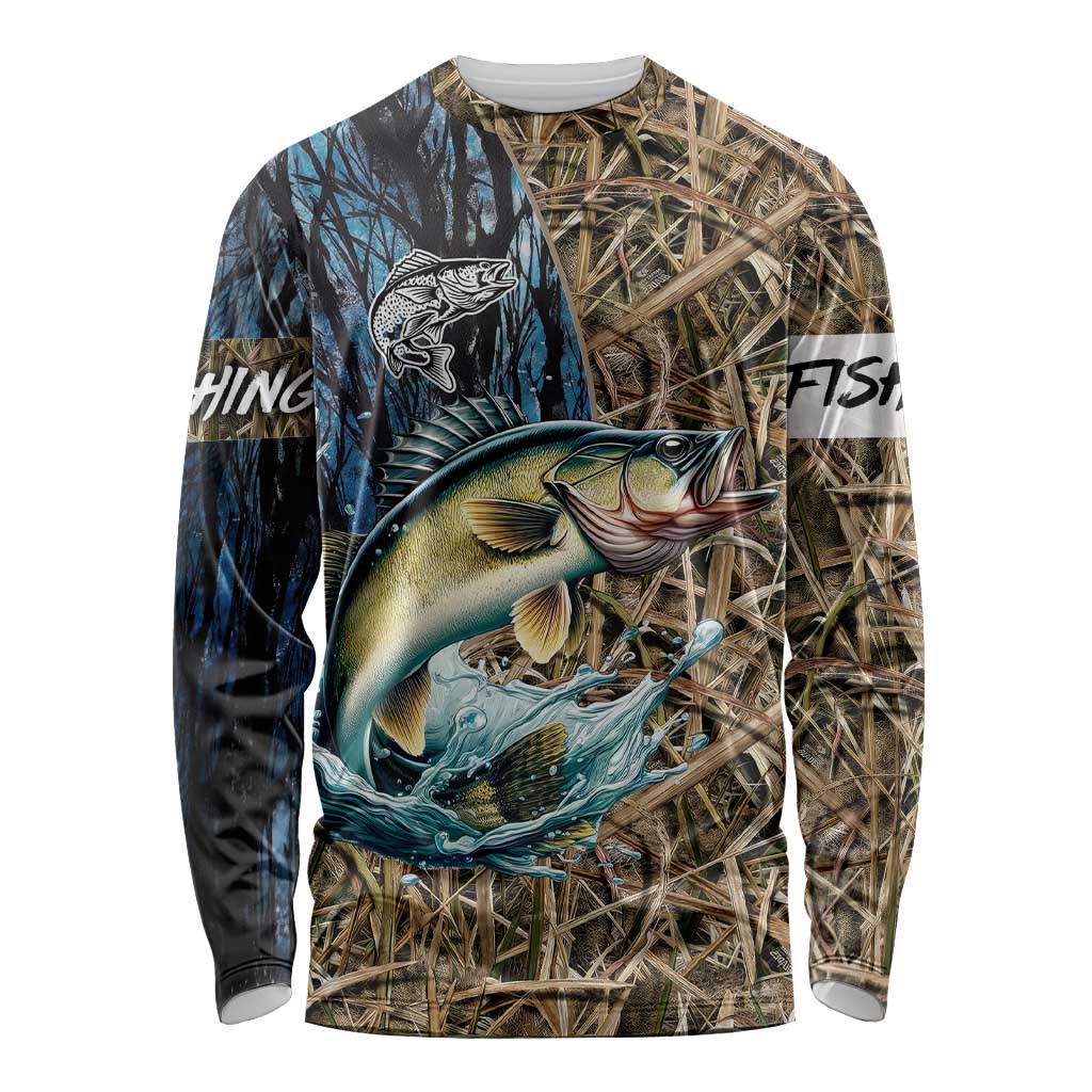 Personalized Walleye Splash Long Sleeve Shirt Camo Reeds and Night Forest Fishing Theme - Wonder Print Shop