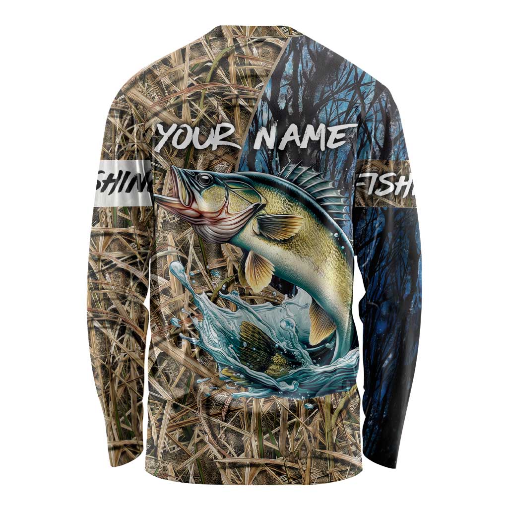 Personalized Walleye Splash Long Sleeve Shirt Camo Reeds and Night Forest Fishing Theme - Wonder Print Shop