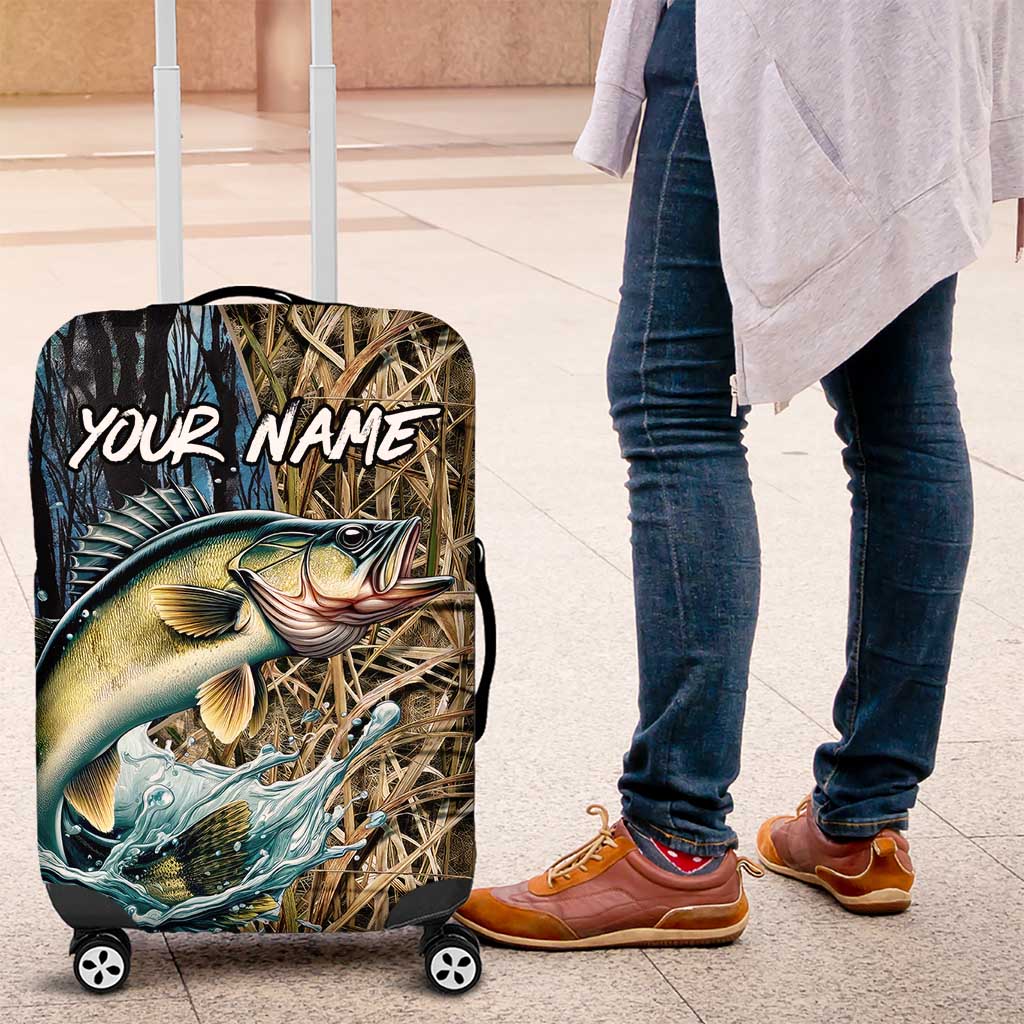 Personalized Walleye Splash Luggage Cover Camo Reeds and Night Forest Fishing Theme - Wonder Print Shop