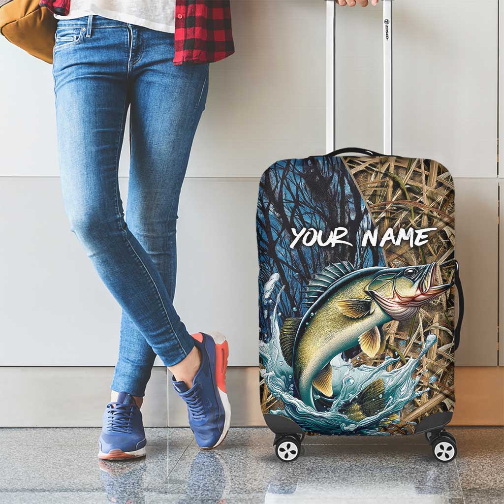 Personalized Walleye Splash Luggage Cover Camo Reeds and Night Forest Fishing Theme TS04