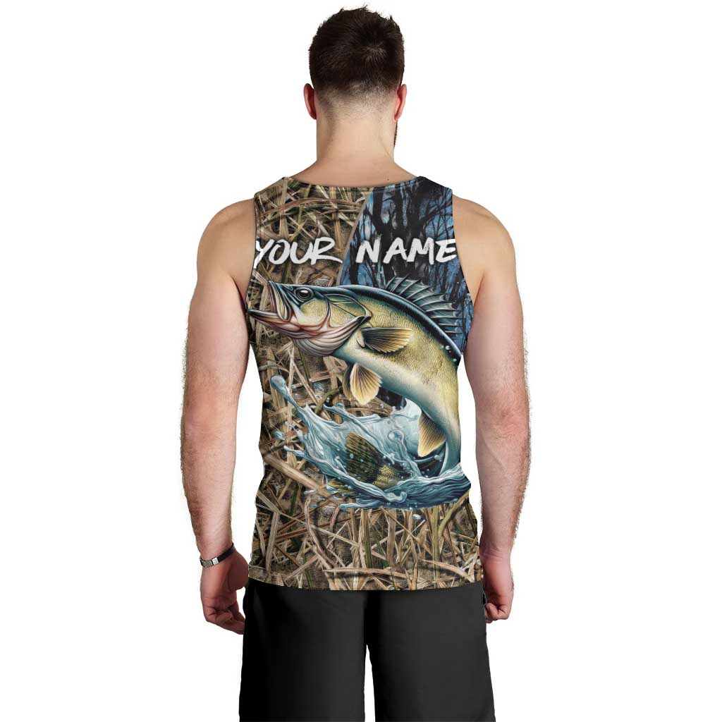 Personalized Walleye Splash Men Tank Top Camo Reeds and Night Forest Fishing Theme - Wonder Print Shop