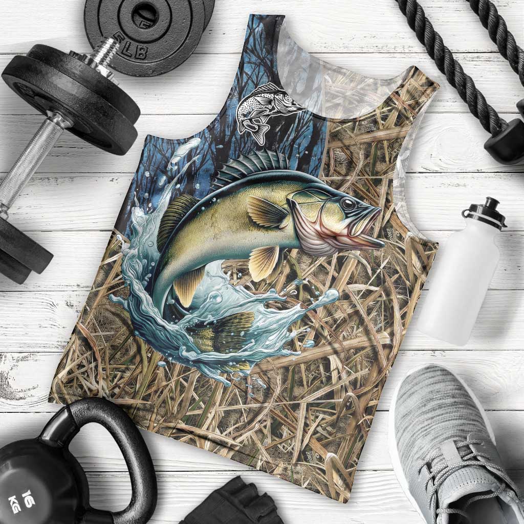 Personalized Walleye Splash Men Tank Top Camo Reeds and Night Forest Fishing Theme - Wonder Print Shop