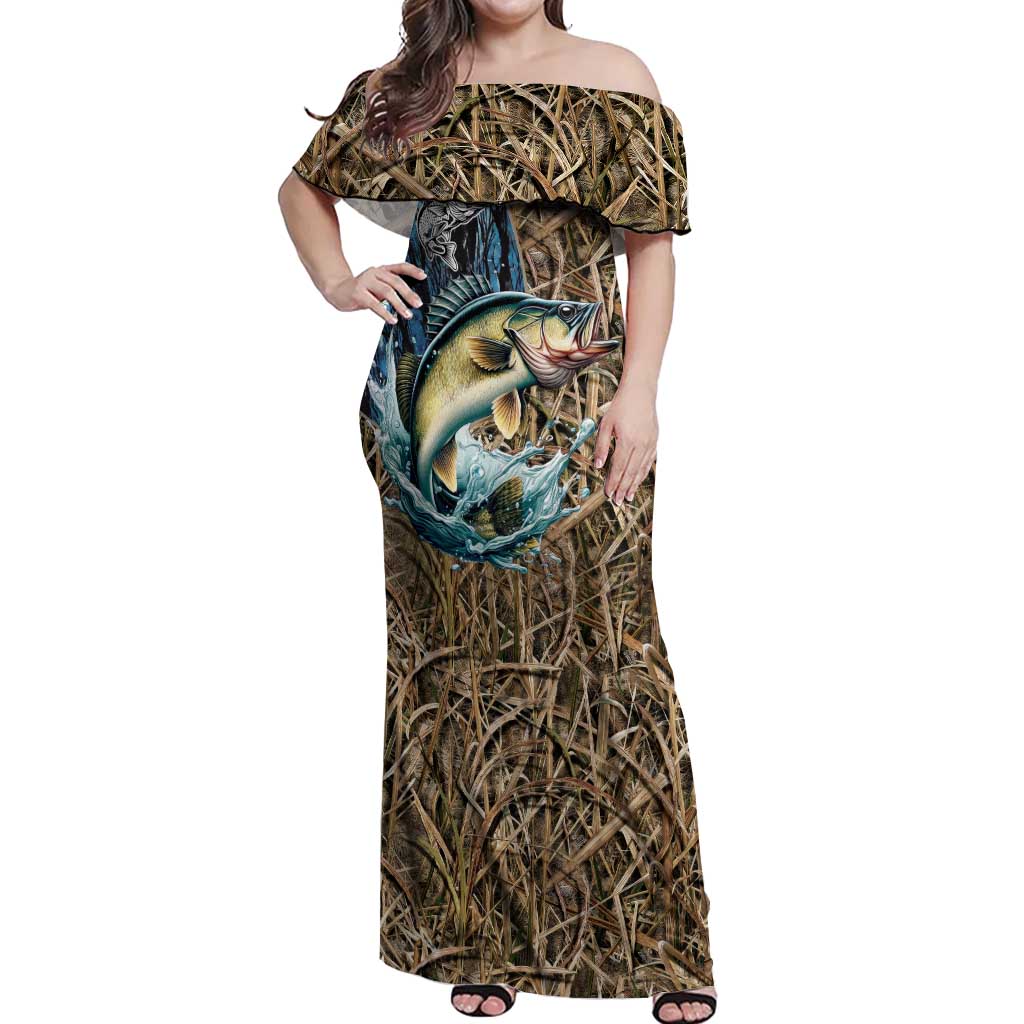 Personalized Walleye Splash Off Shoulder Maxi Dress Camo Reeds and Night Forest Fishing Theme - Wonder Print Shop