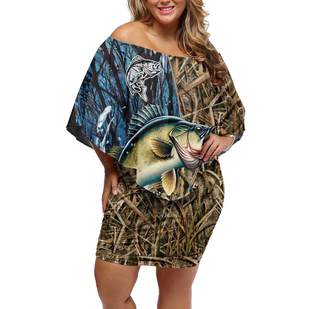 Personalized Walleye Splash Off Shoulder Short Dress Camo Reeds and Night Forest Fishing Theme - Wonder Print Shop