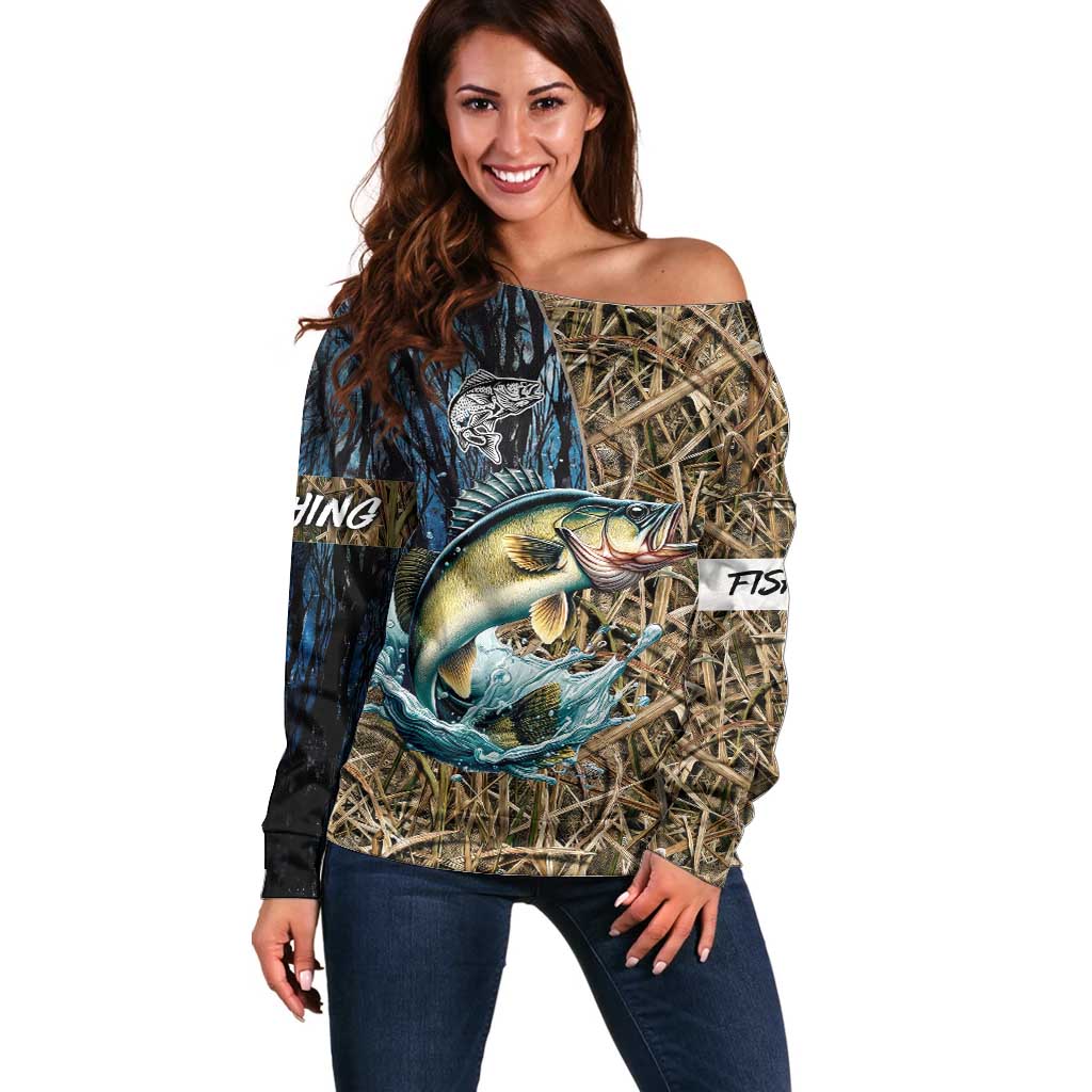 Personalized Walleye Splash Off Shoulder Sweater Camo Reeds and Night Forest Fishing Theme - Wonder Print Shop