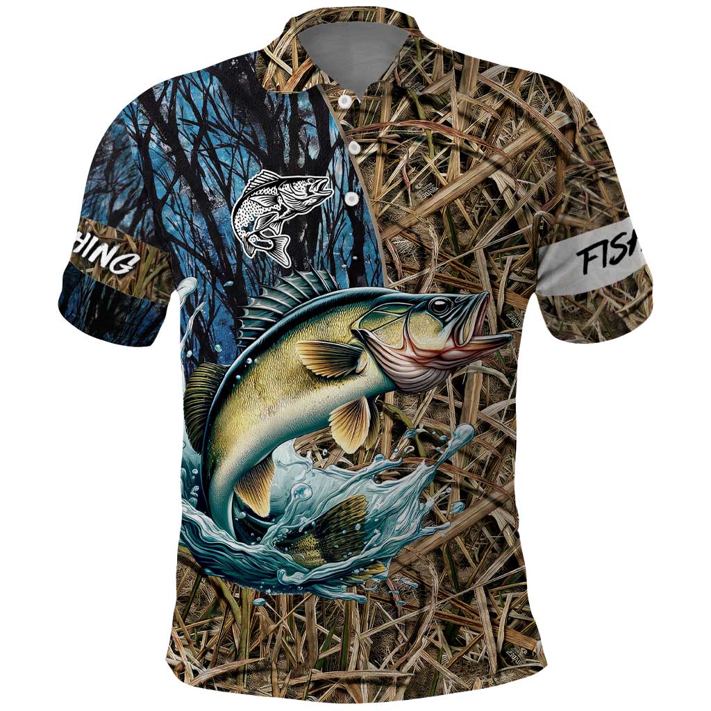 Personalized Walleye Splash Polo Shirt Camo Reeds and Night Forest Fishing Theme - Wonder Print Shop