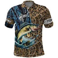 Personalized Walleye Splash Polo Shirt Camo Reeds and Night Forest Fishing Theme - Wonder Print Shop