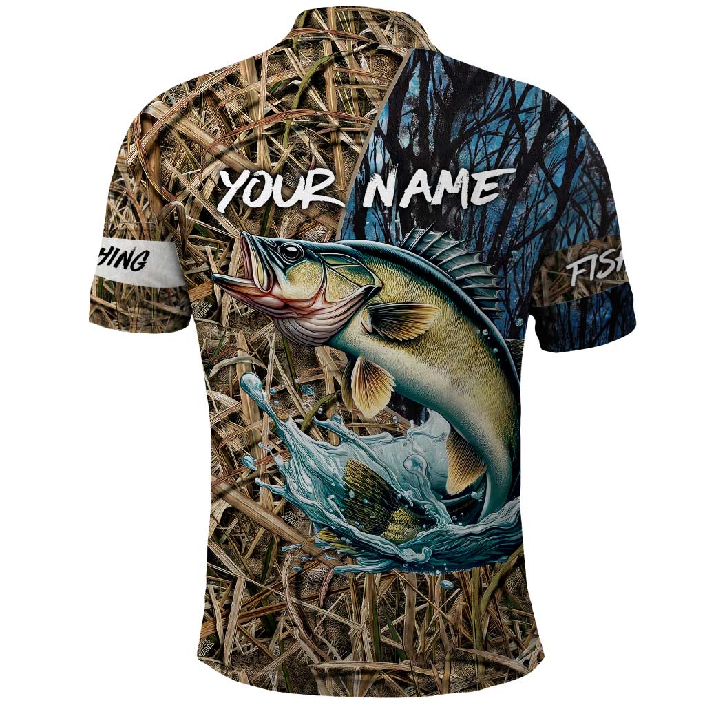 Personalized Walleye Splash Polo Shirt Camo Reeds and Night Forest Fishing Theme - Wonder Print Shop