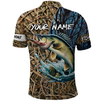 Personalized Walleye Splash Polo Shirt Camo Reeds and Night Forest Fishing Theme - Wonder Print Shop
