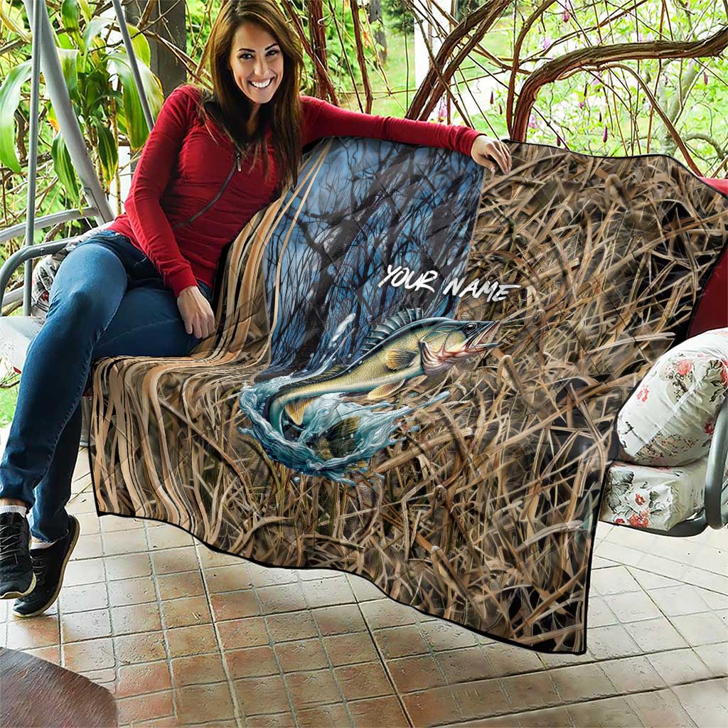 Personalized Walleye Splash Quilt Camo Reeds and Night Forest Fishing Theme TS04
