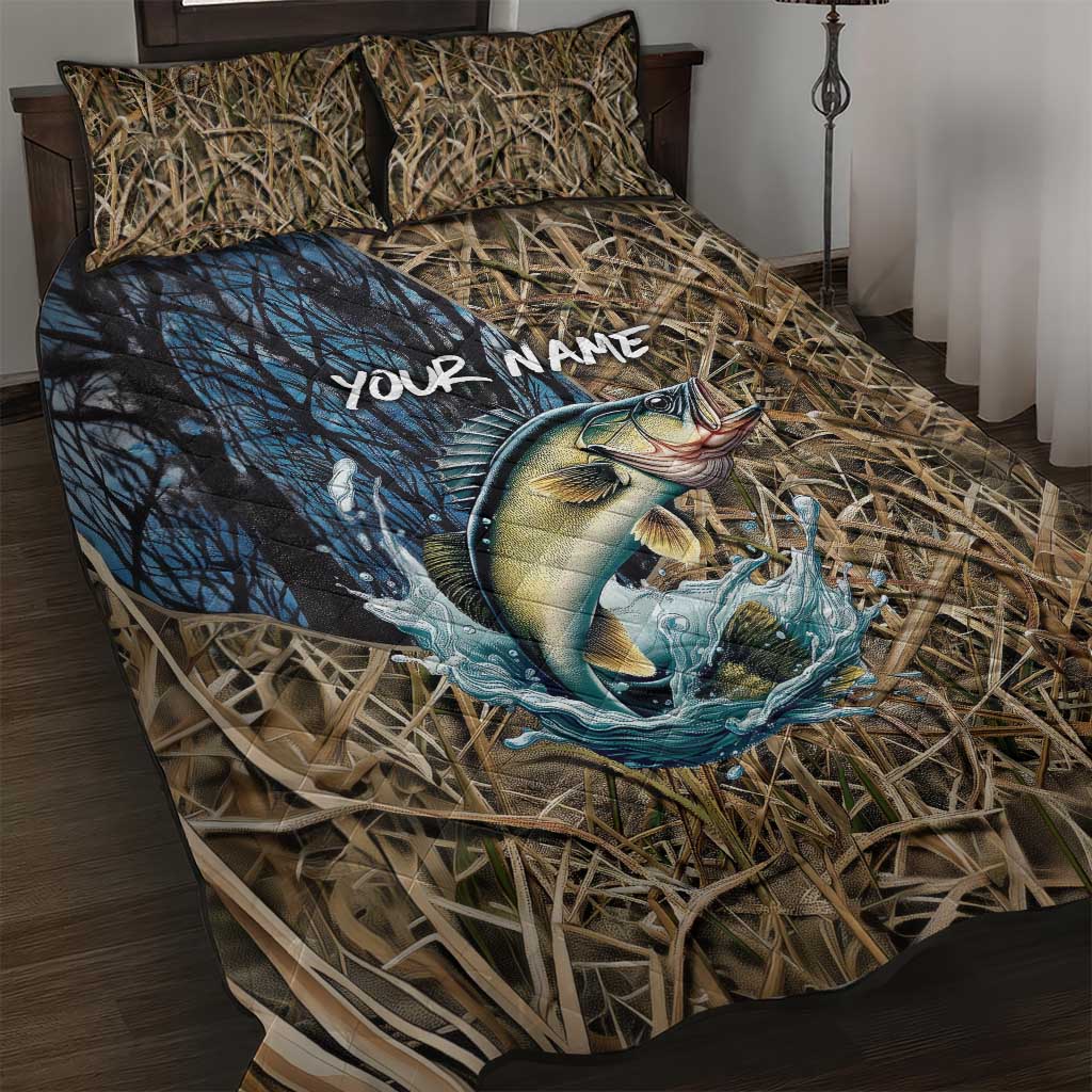 Personalized Walleye Splash Quilt Bed Set Camo Reeds and Night Forest Fishing Theme TS04
