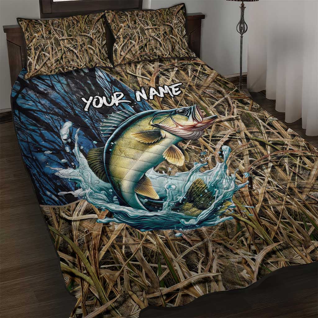Personalized Walleye Splash Quilt Bed Set Camo Reeds and Night Forest Fishing Theme - Wonder Print Shop