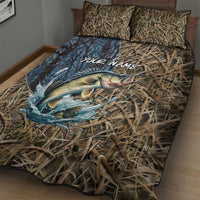 Personalized Walleye Splash Quilt Bed Set Camo Reeds and Night Forest Fishing Theme TS04