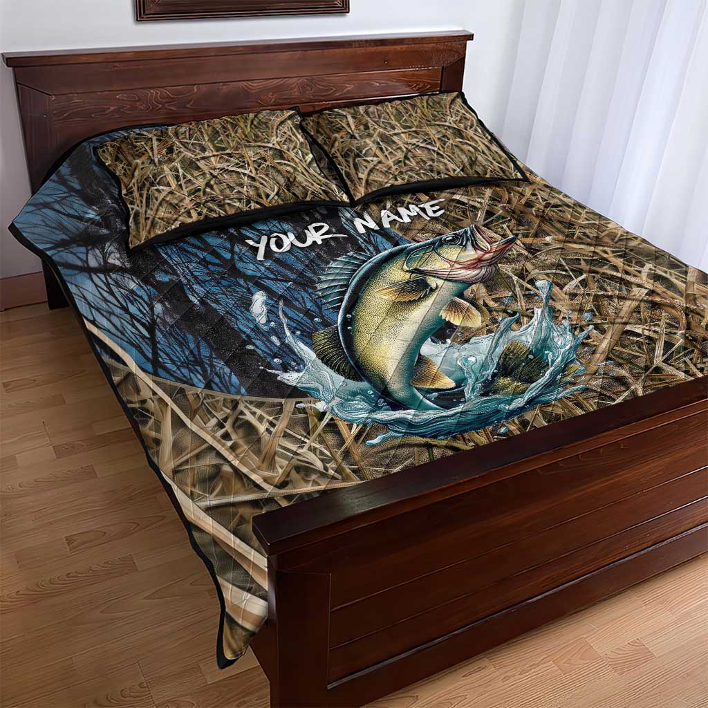 Personalized Walleye Splash Quilt Bed Set Camo Reeds and Night Forest Fishing Theme TS04