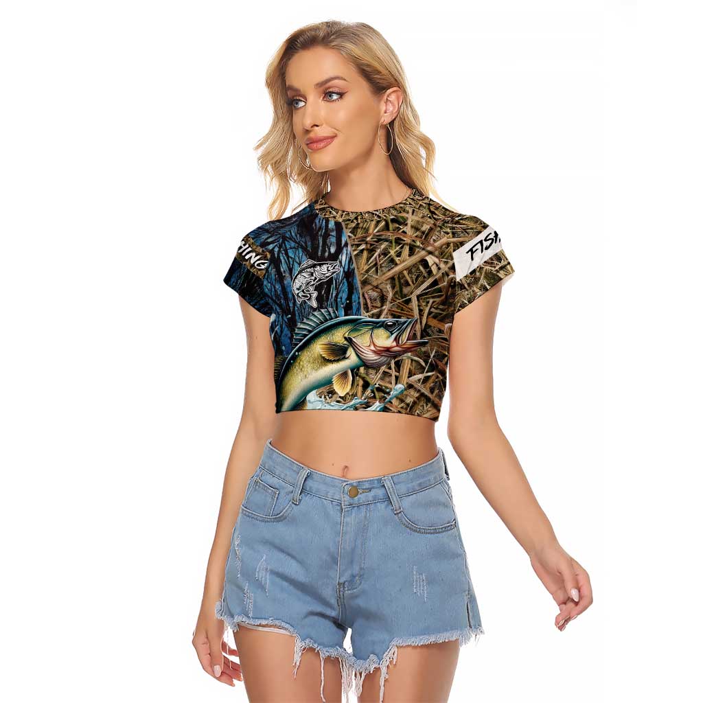 Personalized Walleye Splash Raglan Cropped T Shirt Camo Reeds and Night Forest Fishing Theme - Wonder Print Shop