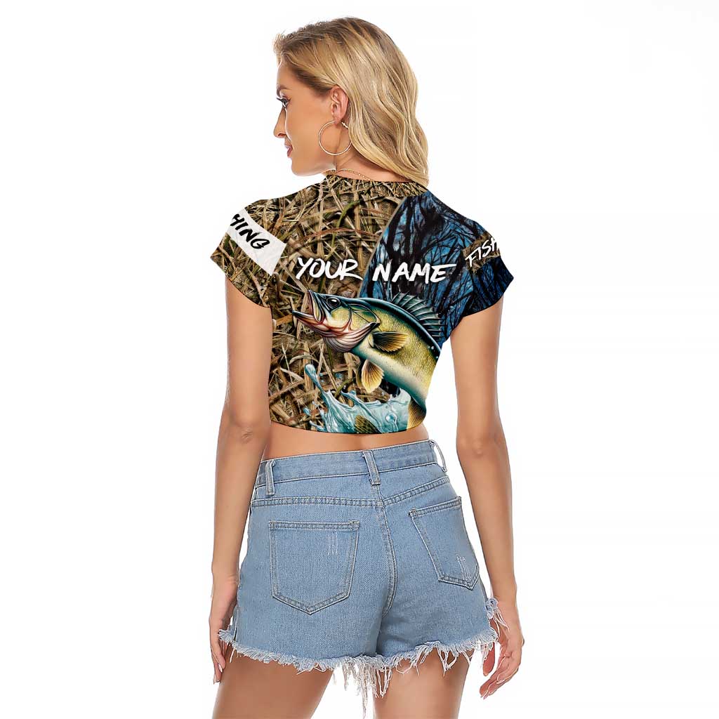 Personalized Walleye Splash Raglan Cropped T Shirt Camo Reeds and Night Forest Fishing Theme - Wonder Print Shop