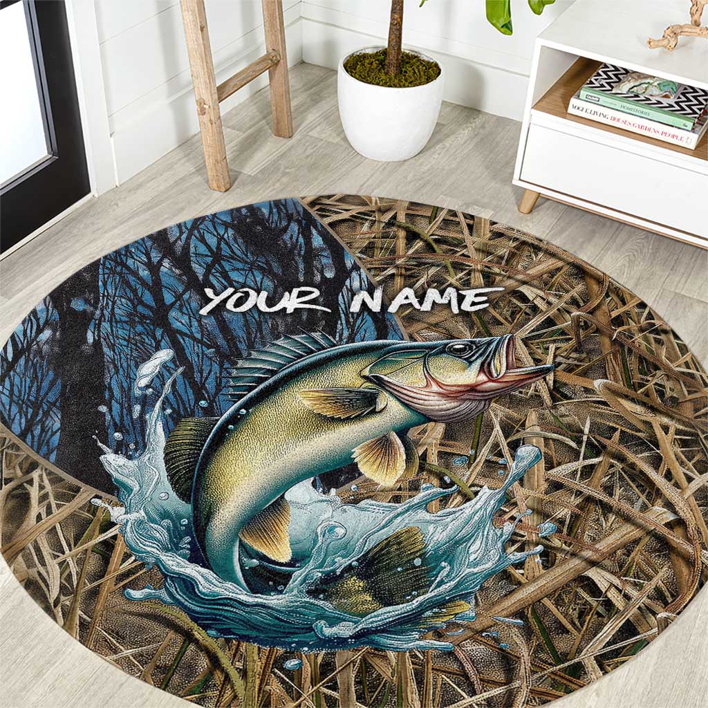 Personalized Walleye Splash Round Carpet Camo Reeds and Night Forest Fishing Theme TS04