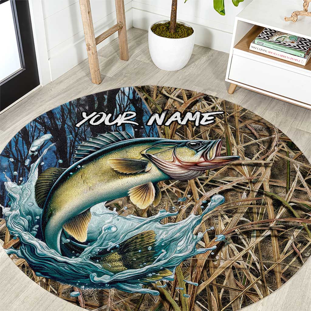 Personalized Walleye Splash Round Carpet Camo Reeds and Night Forest Fishing Theme - Wonder Print Shop