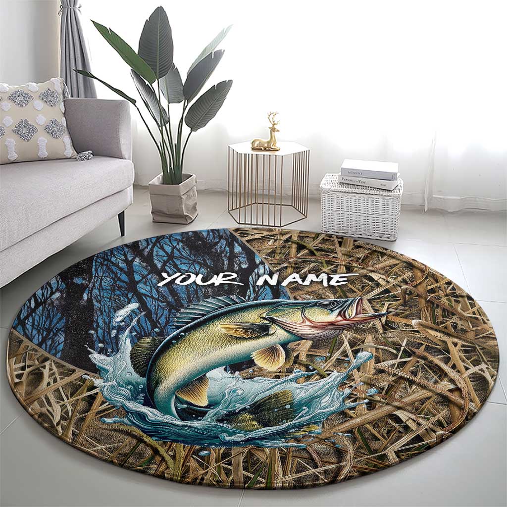 Personalized Walleye Splash Round Carpet Camo Reeds and Night Forest Fishing Theme TS04