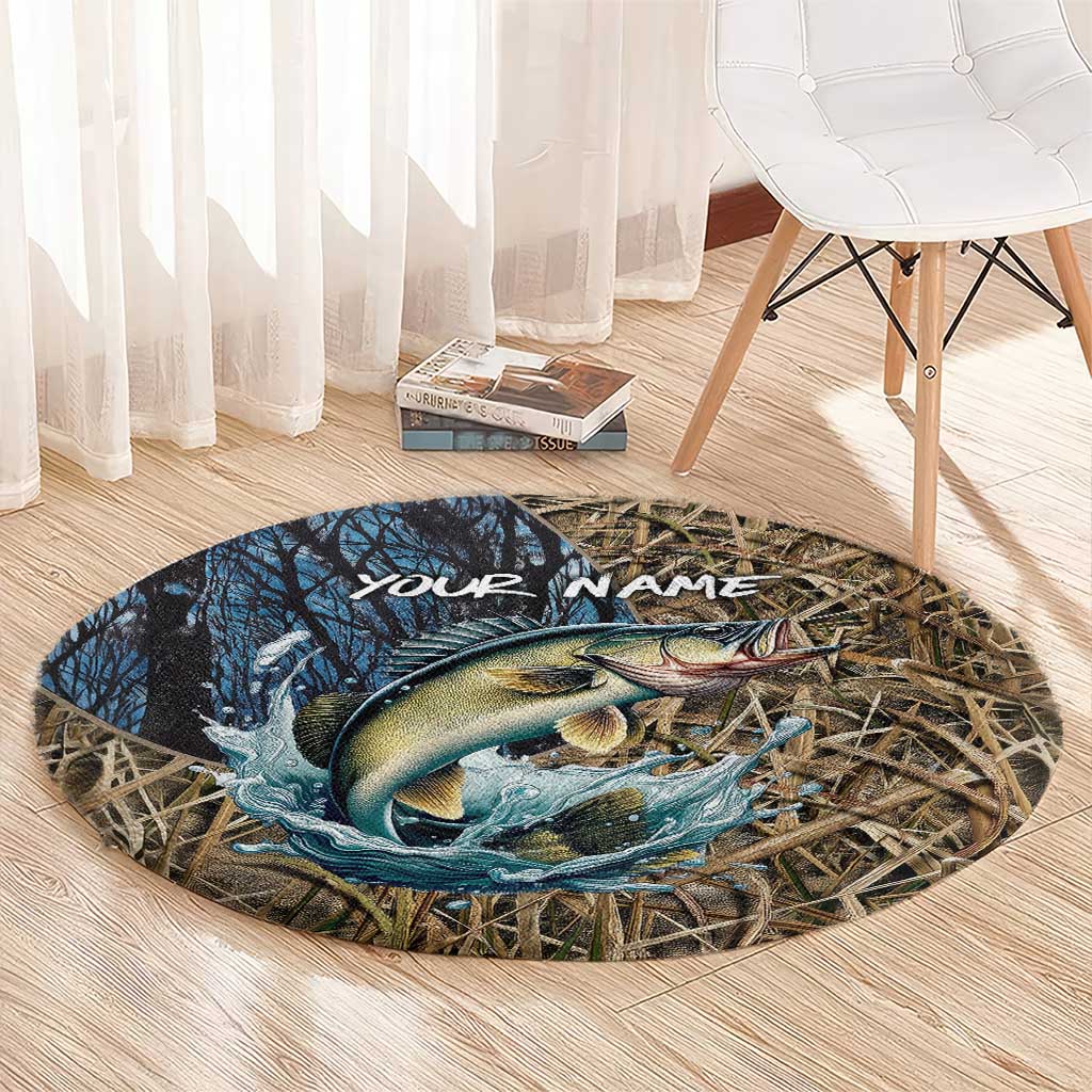 Personalized Walleye Splash Round Carpet Camo Reeds and Night Forest Fishing Theme TS04