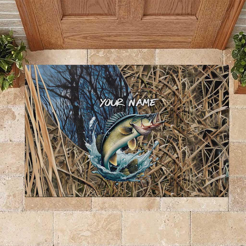 Personalized Walleye Splash Rubber Doormat Camo Reeds and Night Forest Fishing Theme TS04
