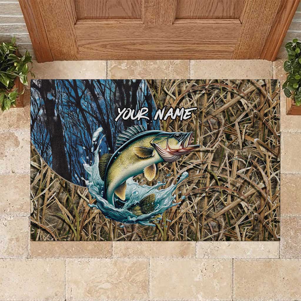 Personalized Walleye Splash Rubber Doormat Camo Reeds and Night Forest Fishing Theme - Wonder Print Shop