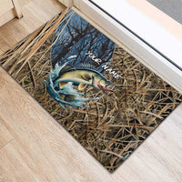 Personalized Walleye Splash Rubber Doormat Camo Reeds and Night Forest Fishing Theme TS04
