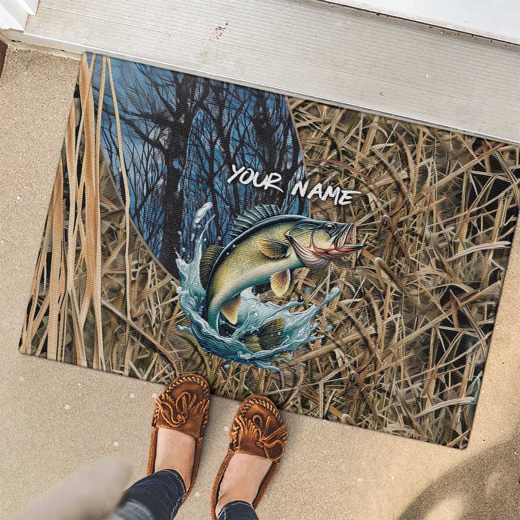 Personalized Walleye Splash Rubber Doormat Camo Reeds and Night Forest Fishing Theme TS04
