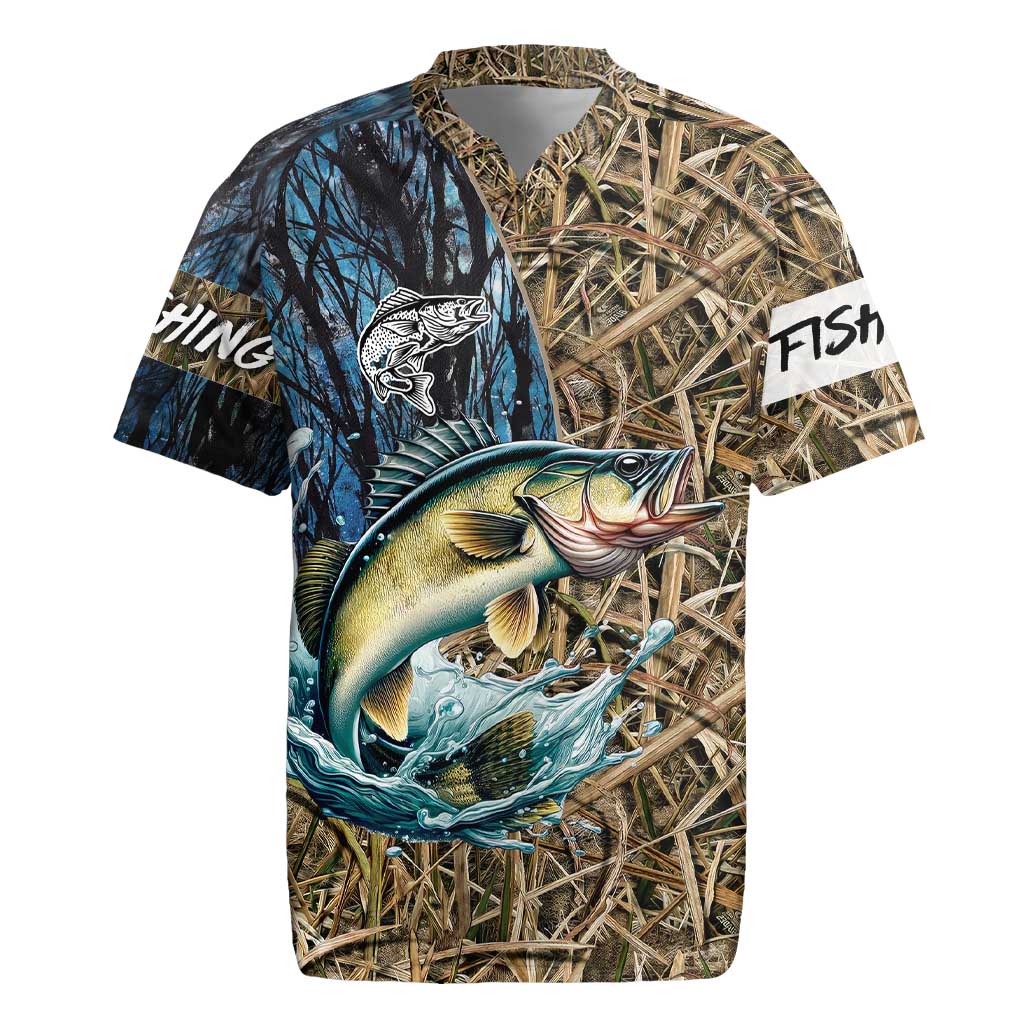 Personalized Walleye Splash Rugby Jersey Camo Reeds and Night Forest Fishing Theme - Wonder Print Shop