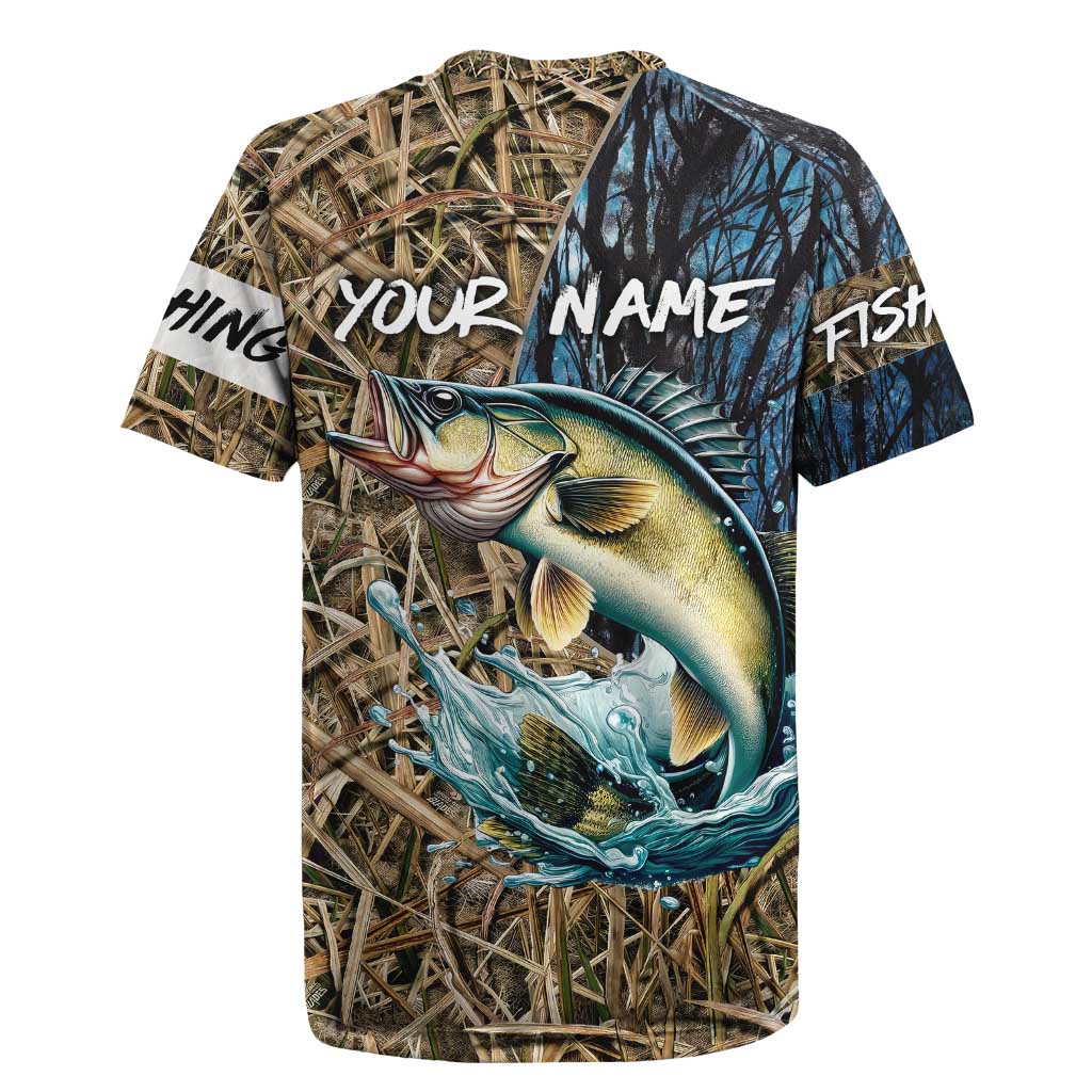 Personalized Walleye Splash Rugby Jersey Camo Reeds and Night Forest Fishing Theme - Wonder Print Shop