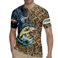 Personalized Walleye Splash Rugby Jersey Camo Reeds and Night Forest Fishing Theme - Wonder Print Shop