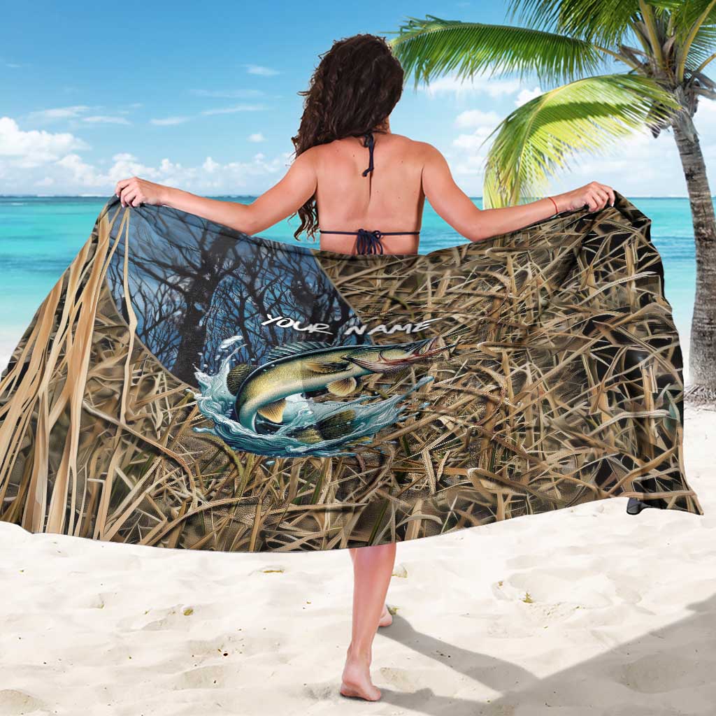 Personalized Walleye Splash Sarong Camo Reeds and Night Forest Fishing Theme TS04