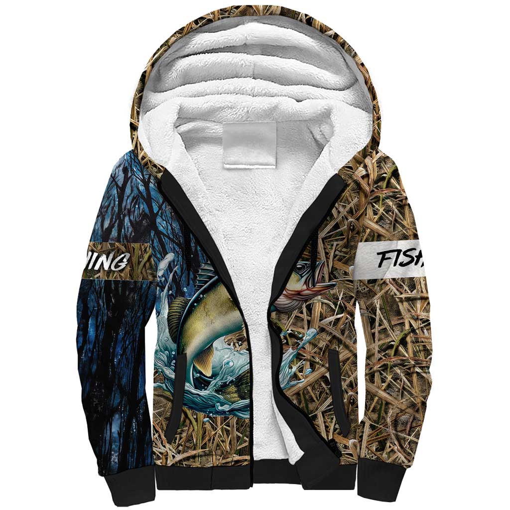 Personalized Walleye Splash Sherpa Hoodie Camo Reeds and Night Forest Fishing Theme - Wonder Print Shop